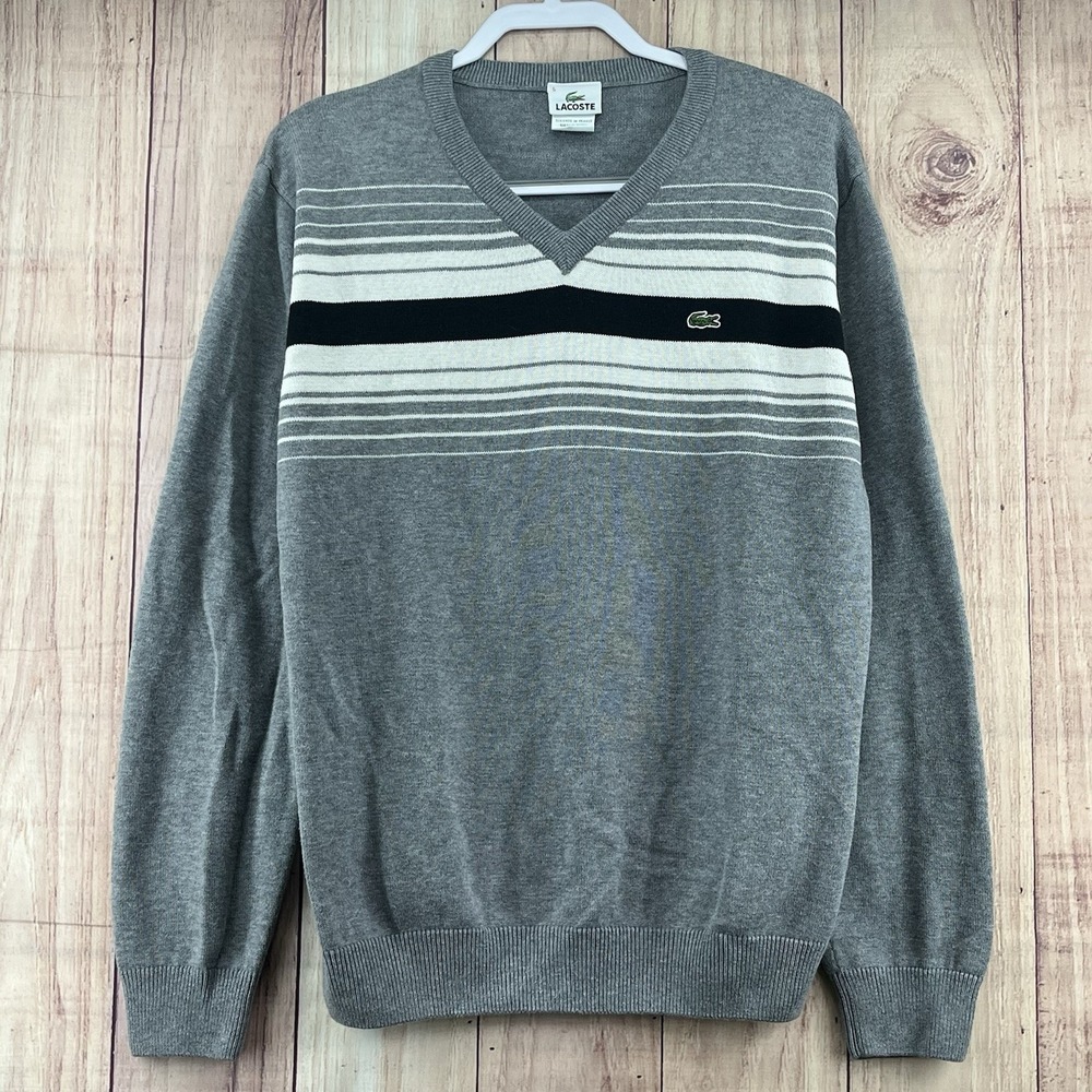 LACOSTE Men's Pullover Sweater Sz 5 (L) Gray‎ White Cotton Wool Blend Preppy